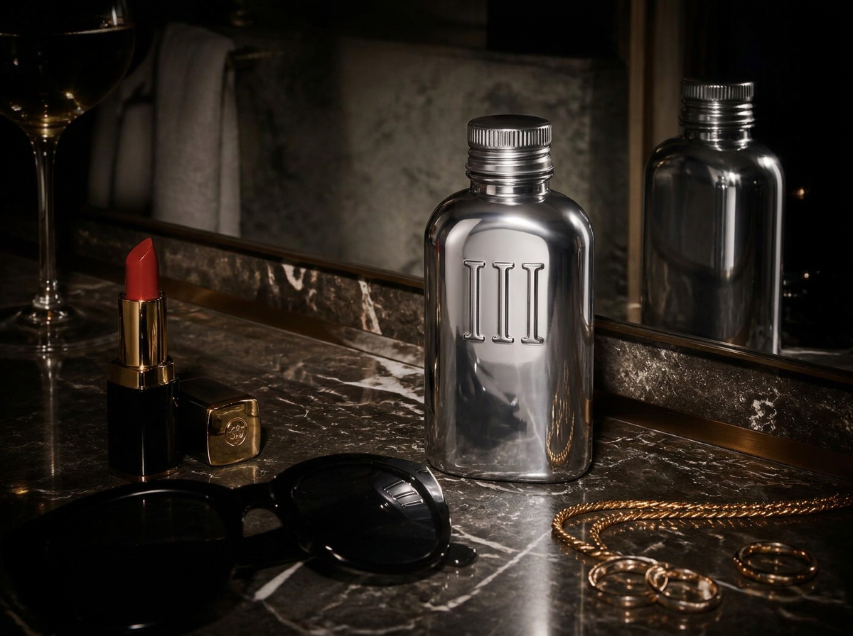 An ÜÇ bottle on a marble bathroom shelf, fashion-editorial styling