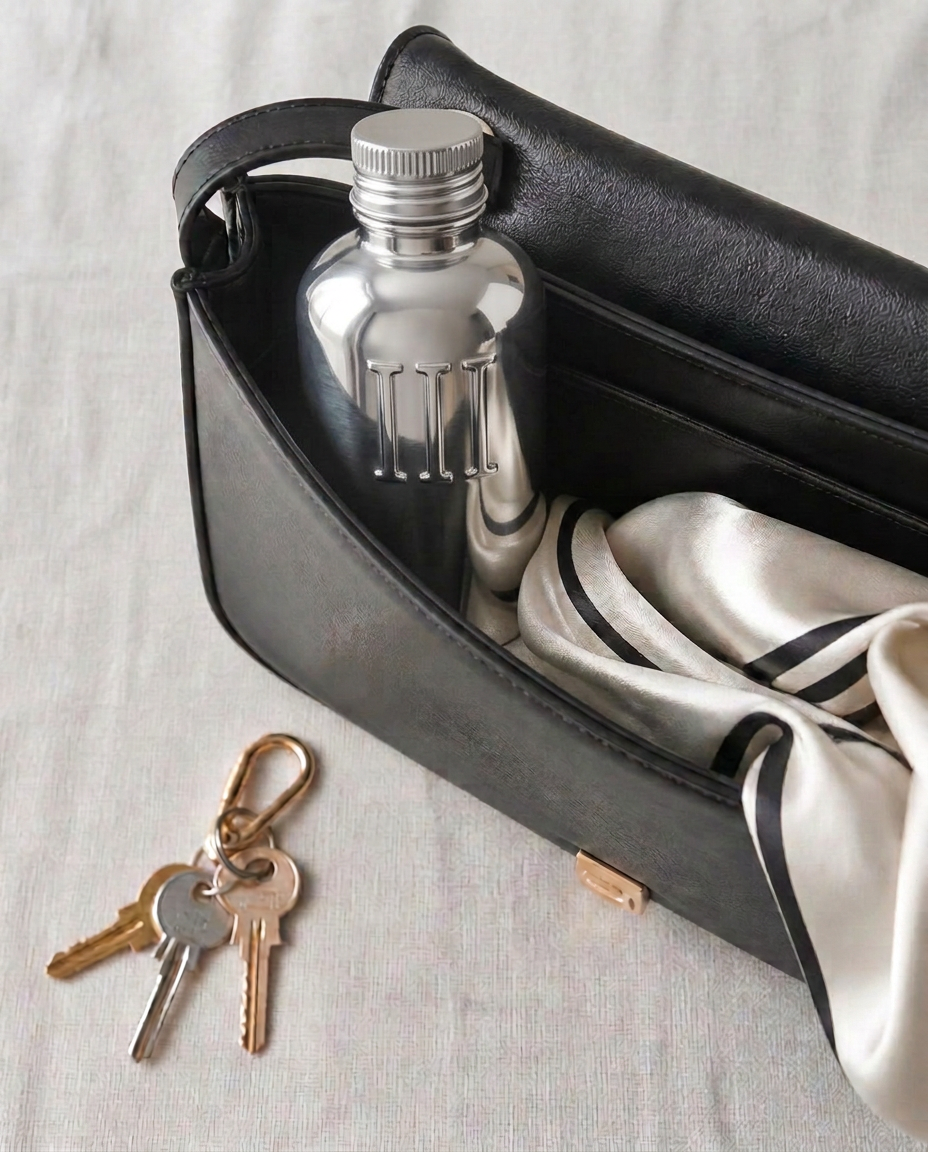 An ÜÇ bottle slipped into an evening handbag