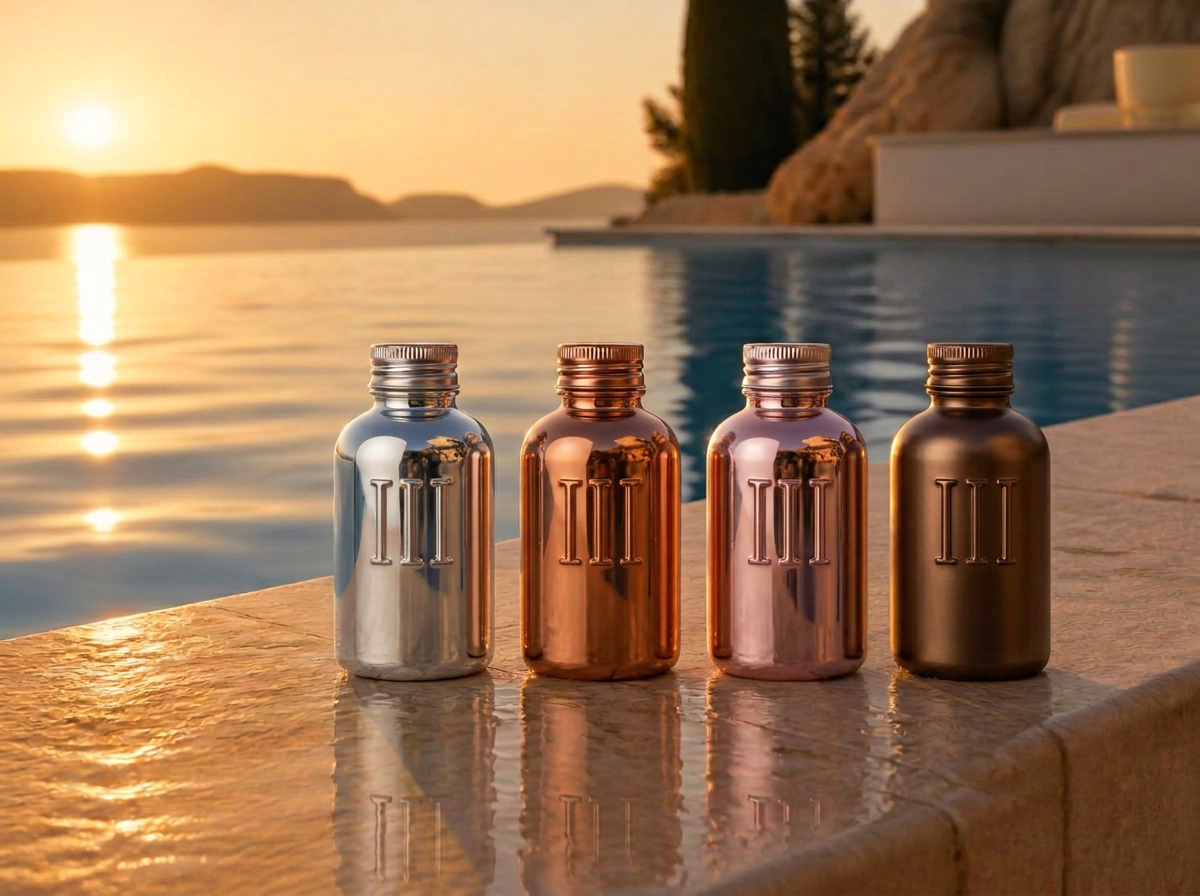 An ÜÇ bottle beside a swimming pool in bright daylight